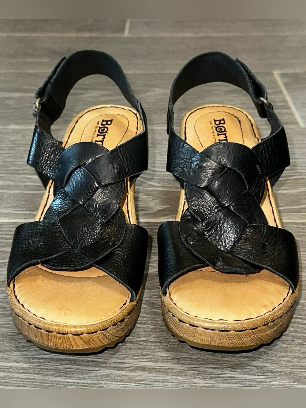 Born Nina Braided Front Wedge Black Leather Women’s 6M Platform Open Toe Sandal